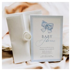 Elegant Gingham Blue Coquette Bow Baby Shower Invitation