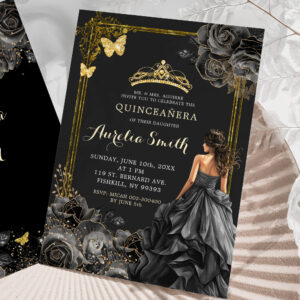 Elegant Gold and Black Roses Princess Quincea?era Invitation