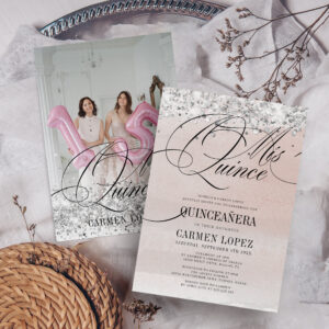 Elegant Mis Quince Silver & Pink Rose Quinceanera Invitation