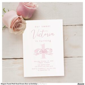 Elegant Pastel Pink Hand Drawn Bow 1st birthday Invitation