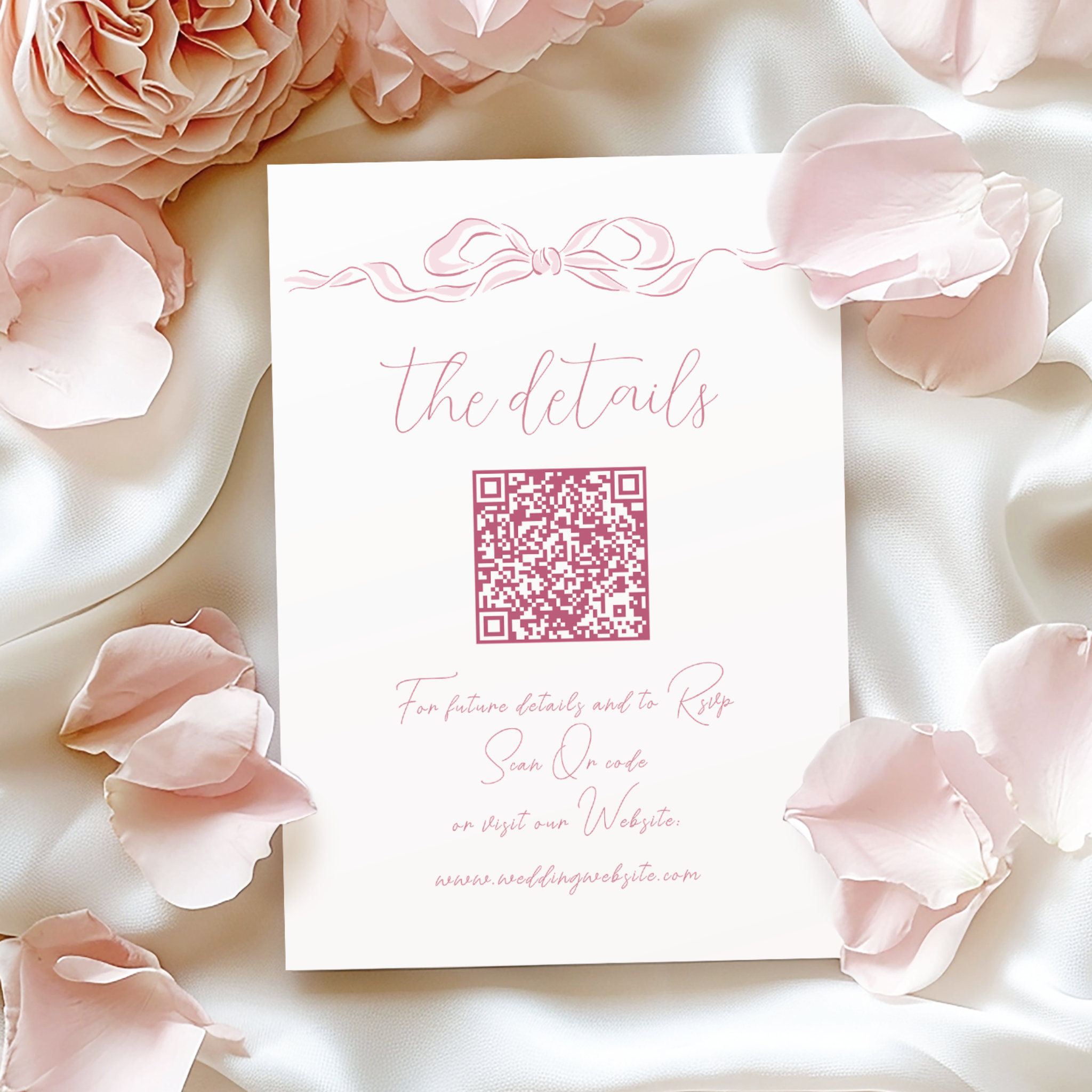 Elegant Pastel Pink Hand Drawn Bow QR Code Details Enclosure Card