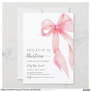 Elegant Pink Bow Coquette Thirteen 13th Birthday Invitation