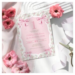 Elegant Pink Bow Floral Coquette 1st Birthday Invitation