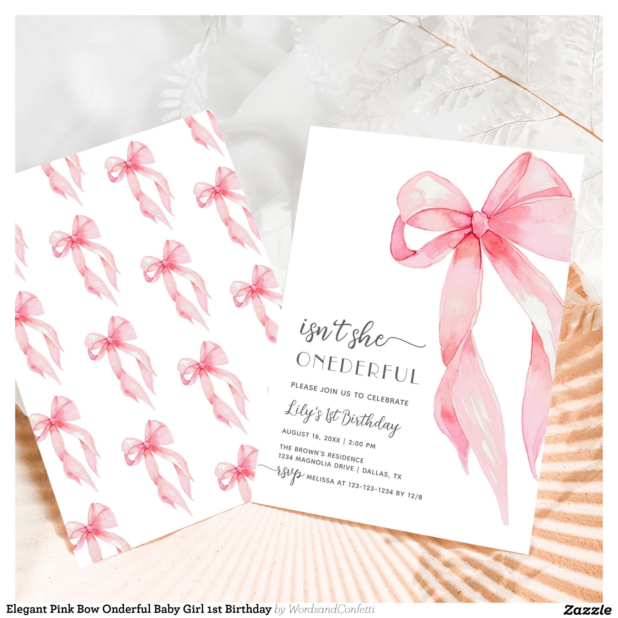 Elegant Pink Bow Onderful Baby Girl 1st Birthday Invitation