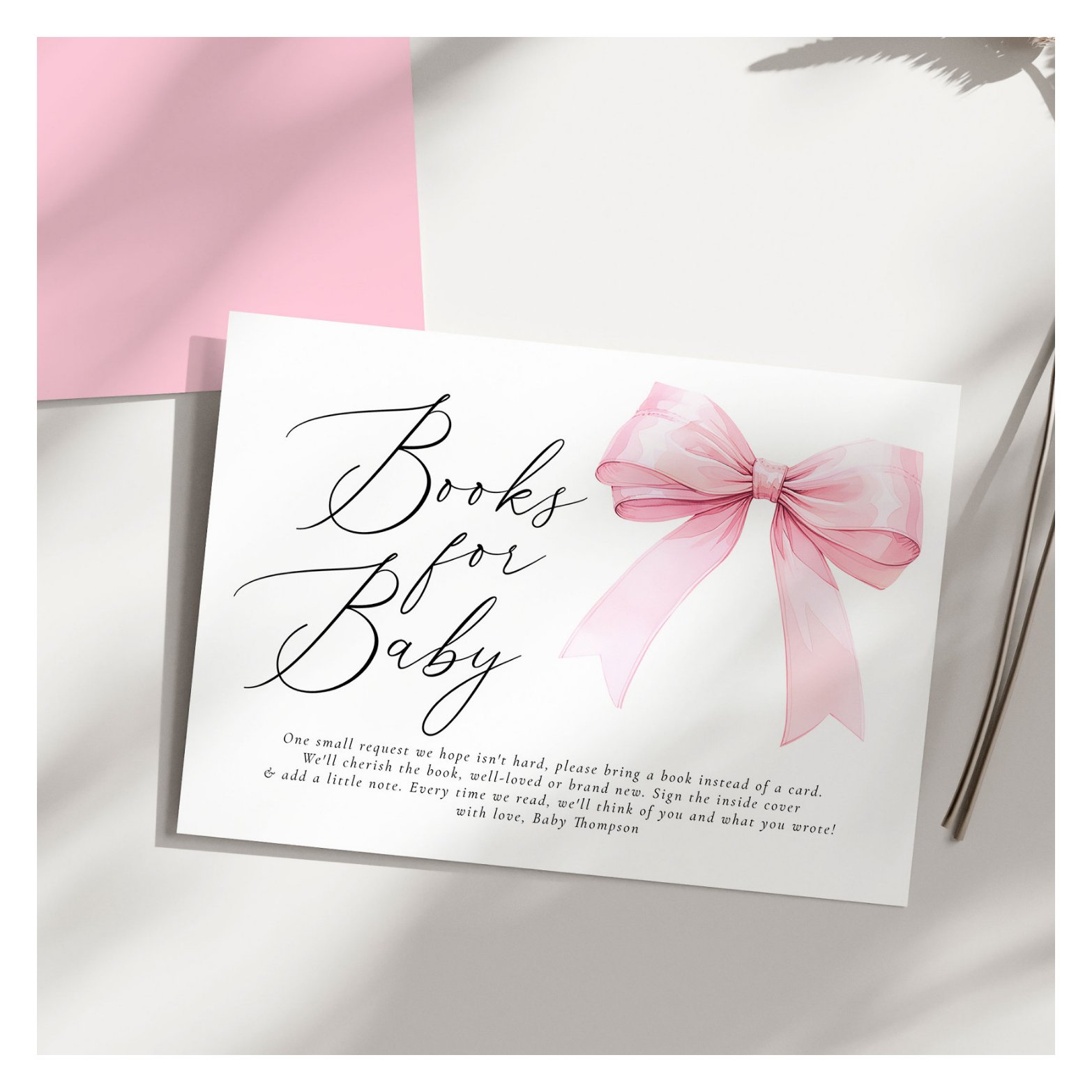 Elegant Pink Coquette Bow Books for Baby Girl Enclosure Card