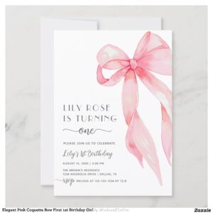Elegant Pink Coquette Bow First 1st Birthday Girl Invitation