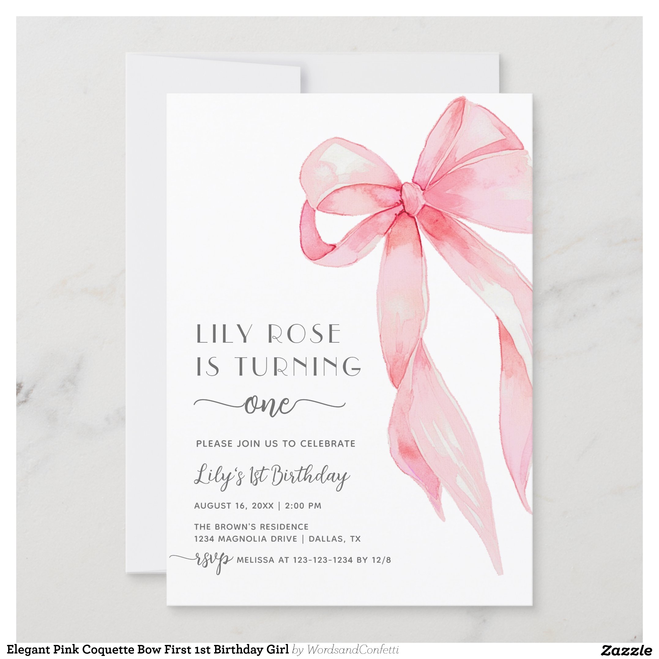Elegant Pink Coquette Bow First 1st Birthday Girl Invitation