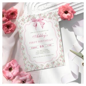 Elegant Pink Floral and Bow Girl Birthday Invitation