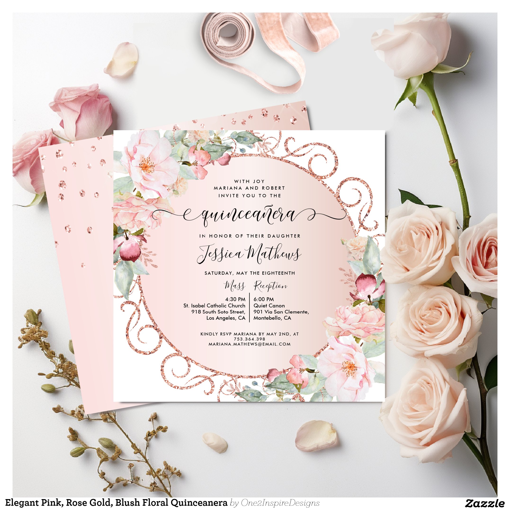 Elegant Pink, Rose Gold, Blush Floral Quinceanera Invitation