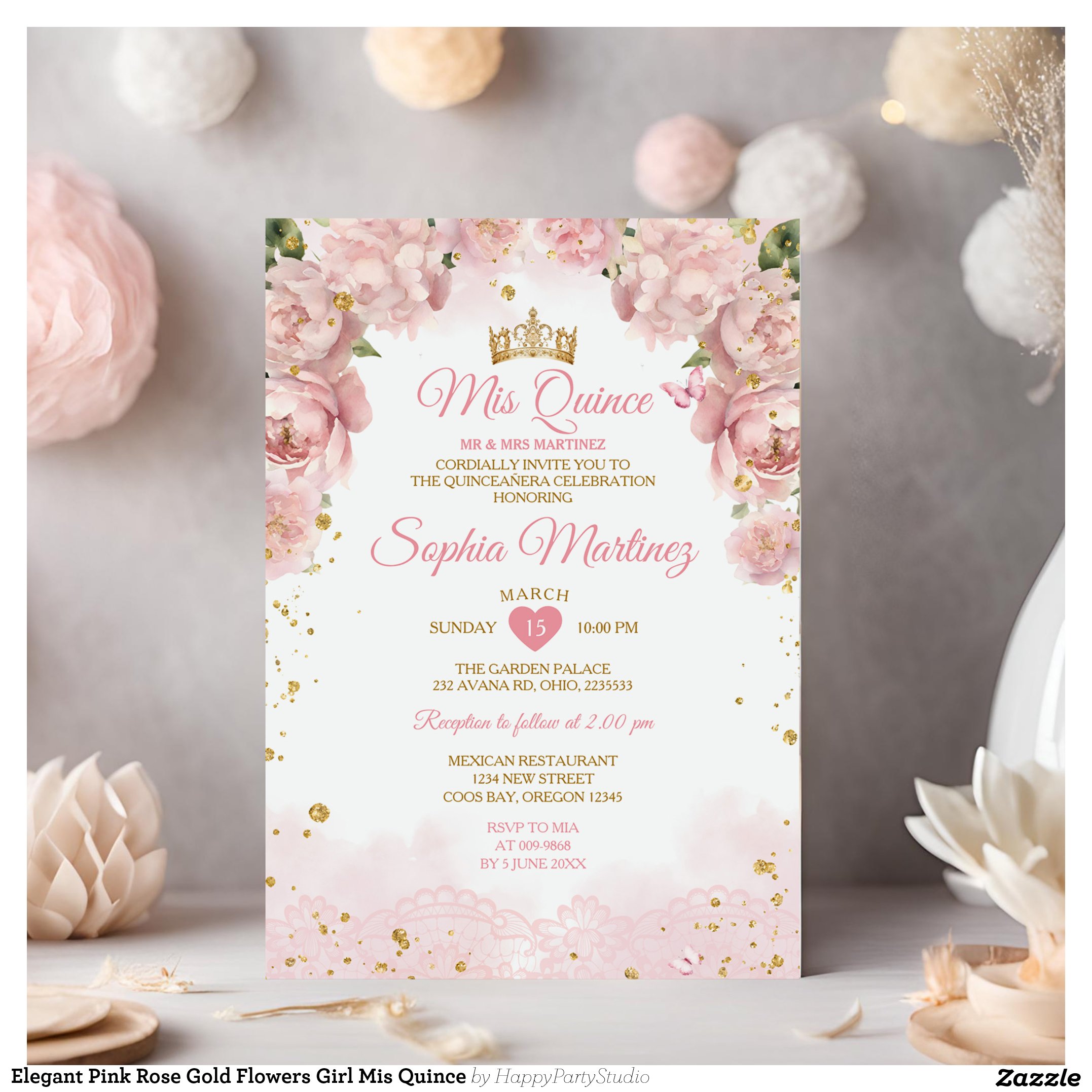 Elegant Pink Rose Gold Flowers Girl Mis Quince Invitation