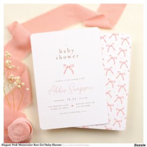 Elegant Pink Watercolor Bow Girl Baby Shower Invitation