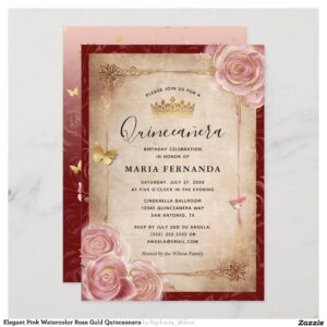 Elegant Pink Watercolor Rose Gold Quinceanera Invitation