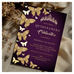 Elegant Plum Purple Gold Butterfly Quinceanera Foil Invitation