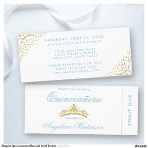 Elegant Quinceanera Blue and Gold Ticket Invitation