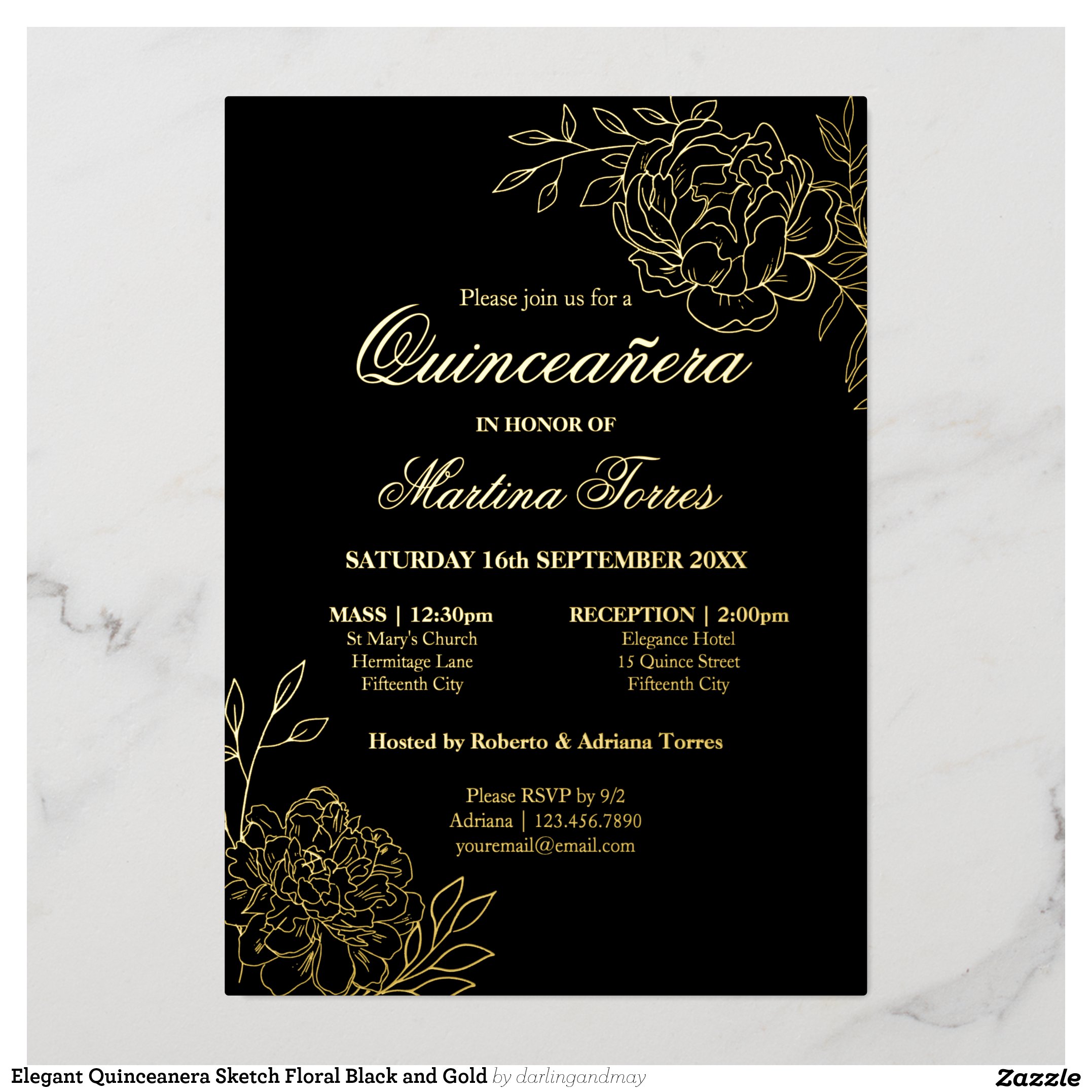Elegant Quinceanera Sketch Floral Black and Gold Foil Invitation