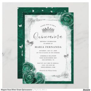 Elegant Rose Silver Green Quinceanera Invitation