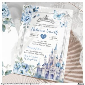 Elegant Royal Castle Silver Dusty Blue Quincea?era Invitation