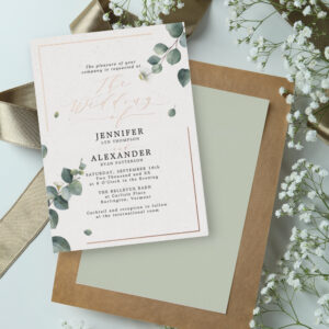 Elegant Rustic Eucalyptus Script Wedding Rose Foil Invitation
