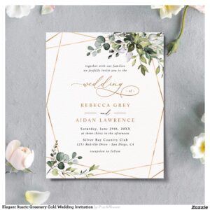 Elegant Rustic Greenery Gold Wedding Invitation