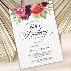 Elegant Rustic Watercolor Floral 80th Birthday Invitation