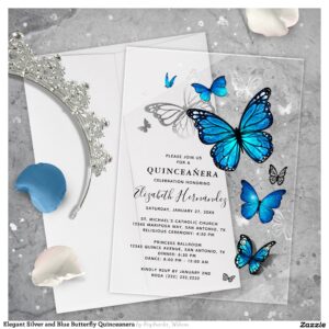 Elegant Silver and Blue Butterfly Quinceanera Acrylic Invitations