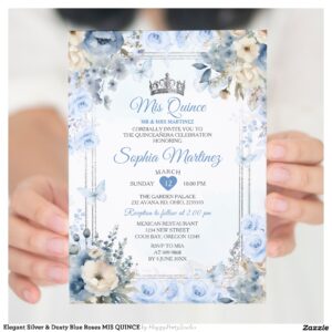 Elegant Silver & Dusty Blue Roses MIS QUINCE Invitation