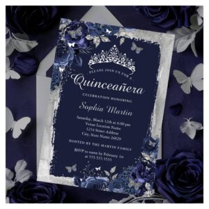 Elegant Silver Navy flower Quinceanera Foil Invitation