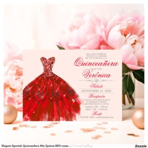 Elegant Spanish Quincea?era Mis Quince RED roses Invitation
