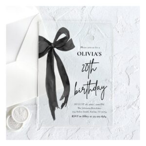 Elegant Watercolor Black Bow 20th Birthday Party Acrylic Invitations