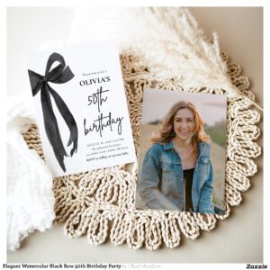 Elegant Watercolor Black Bow 50th Birthday Party Invitation