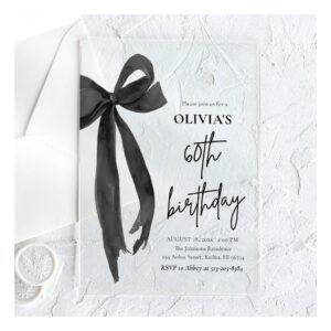 Elegant Watercolor Black Bow 60th Birthday Party Acrylic Invitations