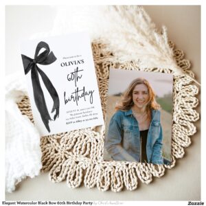Elegant Watercolor Black Bow 60th Birthday Party Invitation