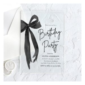 Elegant Watercolor Black Bow Birthday Party Acrylic Invitations