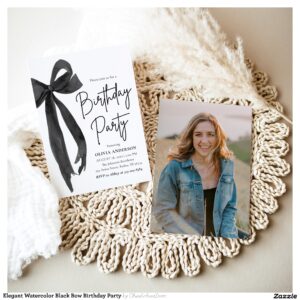 Elegant Watercolor Black Bow Birthday Party Invitation