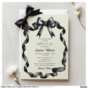 Elegant Watercolor Coquette Black Bow Sweet 16 Invitation