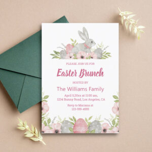 elegant watercolor easter bunny pink floral brunch invitation