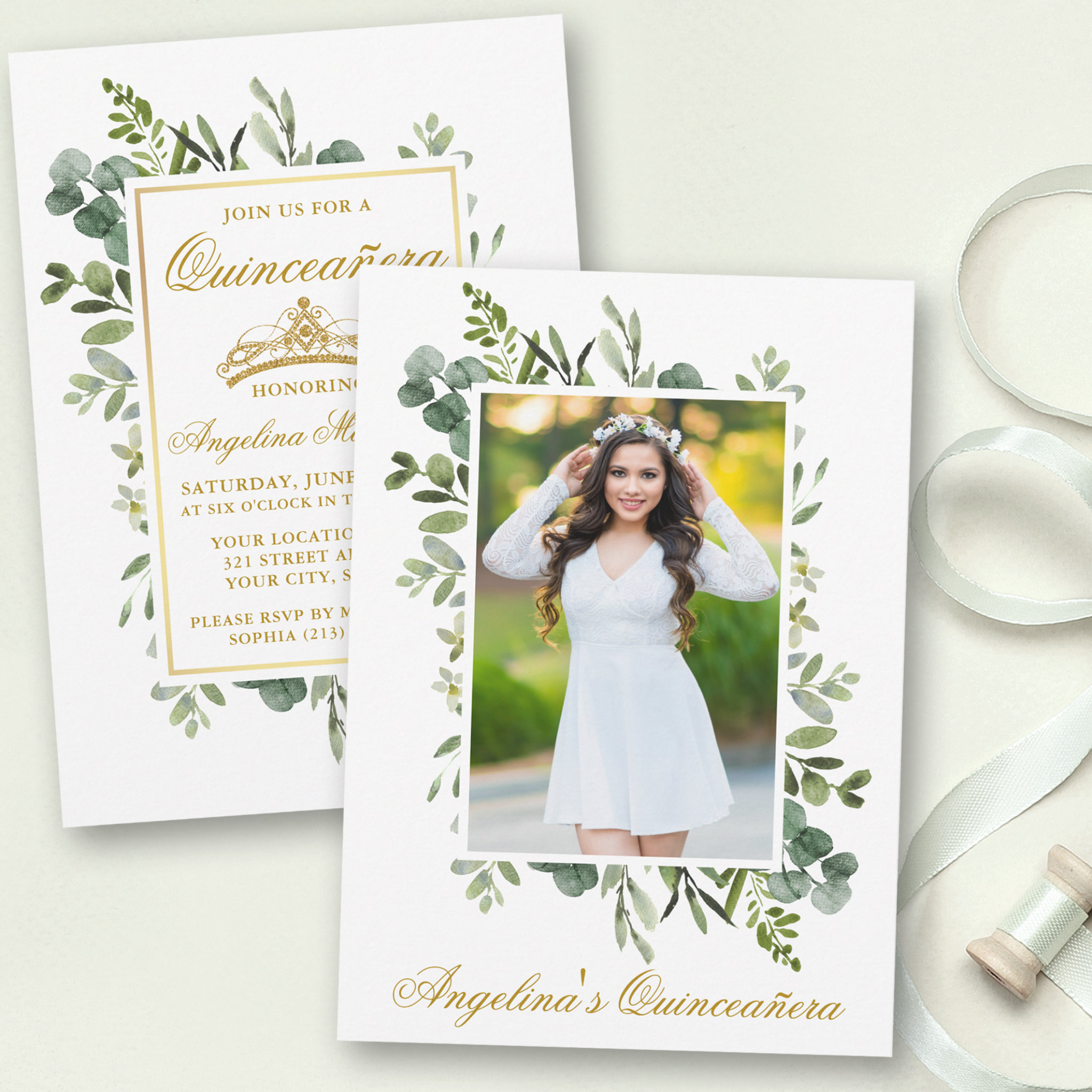Elegant Watercolor Greenery Photo Quinceanera Invitation