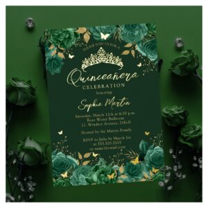Emerald Enchanting Floral Butterfly Quinceanera Foil Invitation