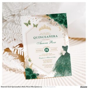 Emerald Gold Quincea?era Boho Floral Mis Quince 15 Invitation