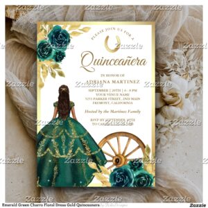 Emerald Green Charro Floral Dress Gold Quinceanera Invitation