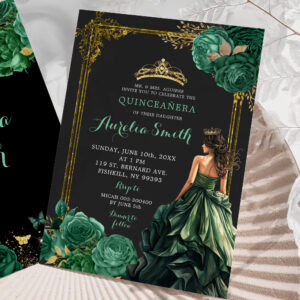 Emerald Green Dark background Royal Quincea?era Invitation