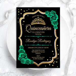 Emerald Green Gold Black Elegant Quinceanera Invitation