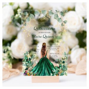 Emerald Green Gold Floral Princess Quinceanera Acrylic Invitations