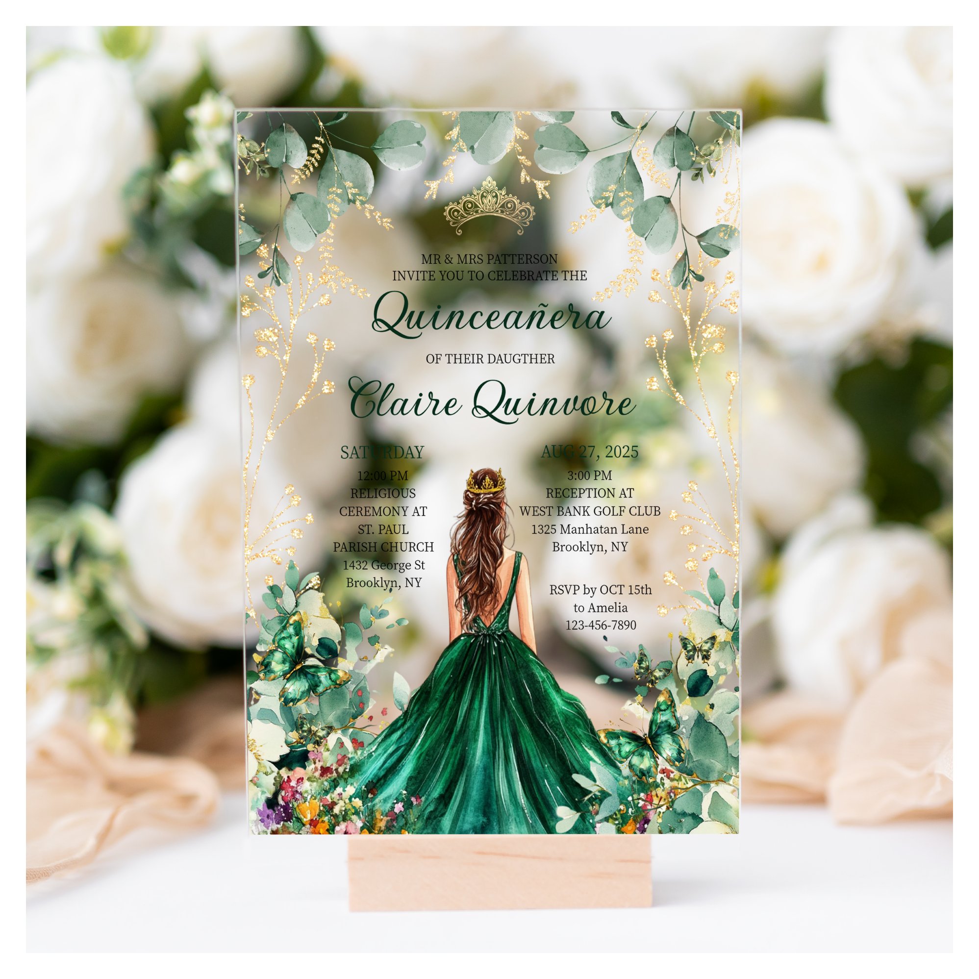 Emerald Green Gold Floral Princess Quinceanera Acrylic Invitations