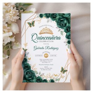 Emerald Green Gold Floral Quinceanera Invitation