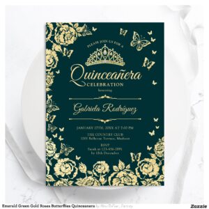 Emerald Green Gold Roses Butterflies Quinceanera Invitation