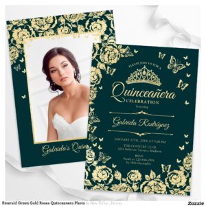 Emerald Green Gold Roses Quinceanera Photo Invitation