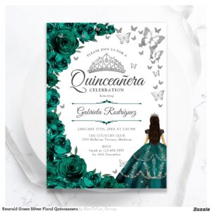 Emerald Green Silver Floral Quinceanera Invitation