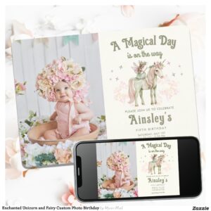 Enchanted Unicorn and Fairy Custom Photo Birthday Invitation