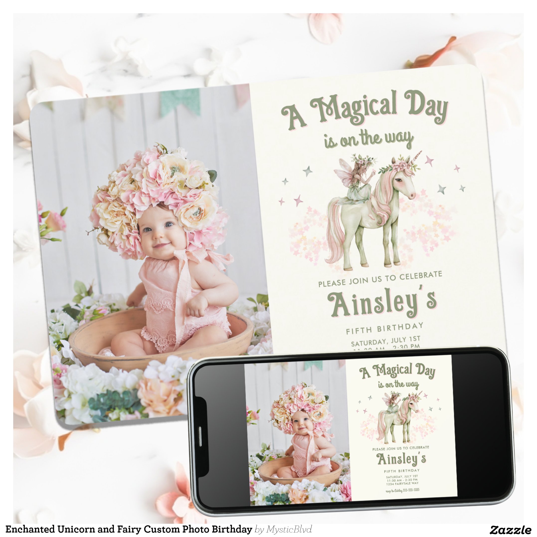 Enchanted Unicorn and Fairy Custom Photo Birthday Invitation